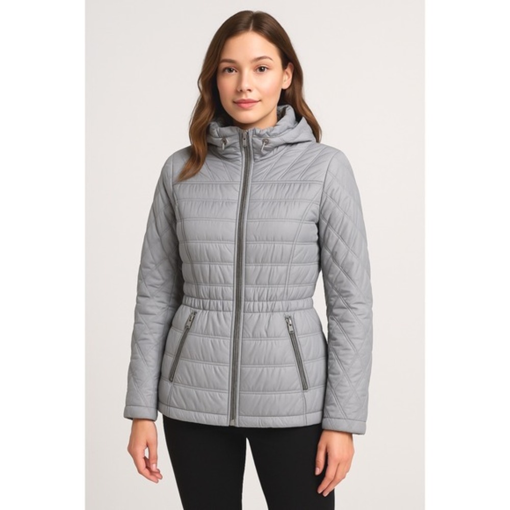 Guess Gray Quilted Puffer Jacket Lightweight Cinched Waist L Gorpcore Chic 60-08